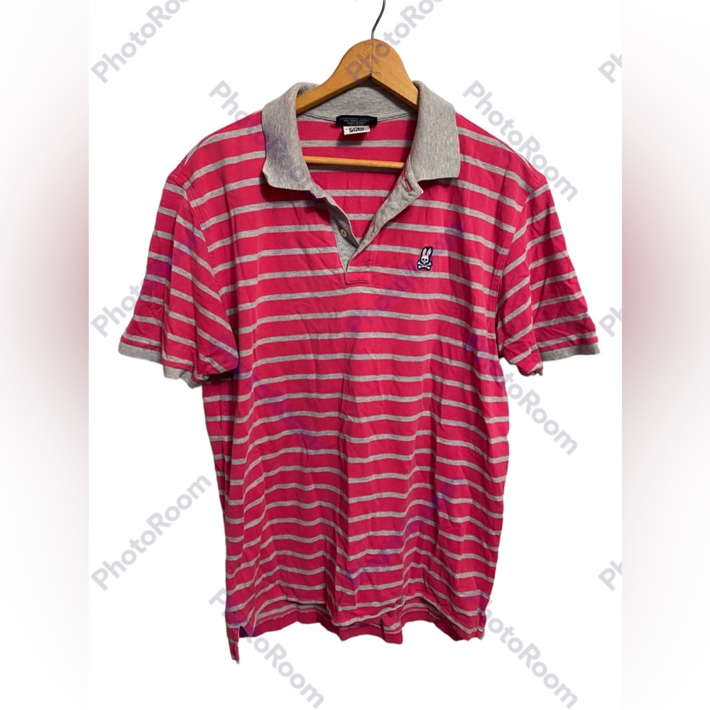 Psycho Bunny Mens Pink/Gray Striped Short Sleeve Polo Size 8/XXL